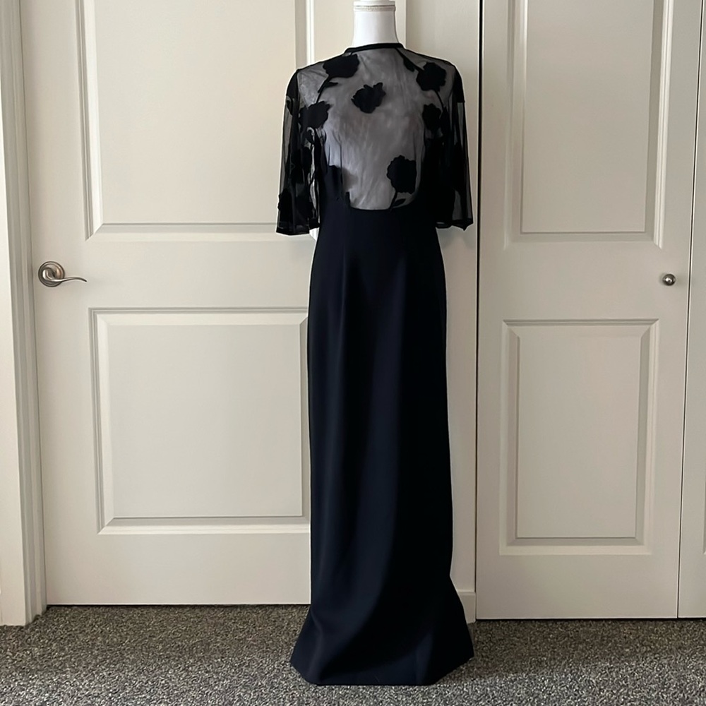 Pauline Trigere Black Vintage Formal Gown with Mesh Net Bust & Floral Appliques